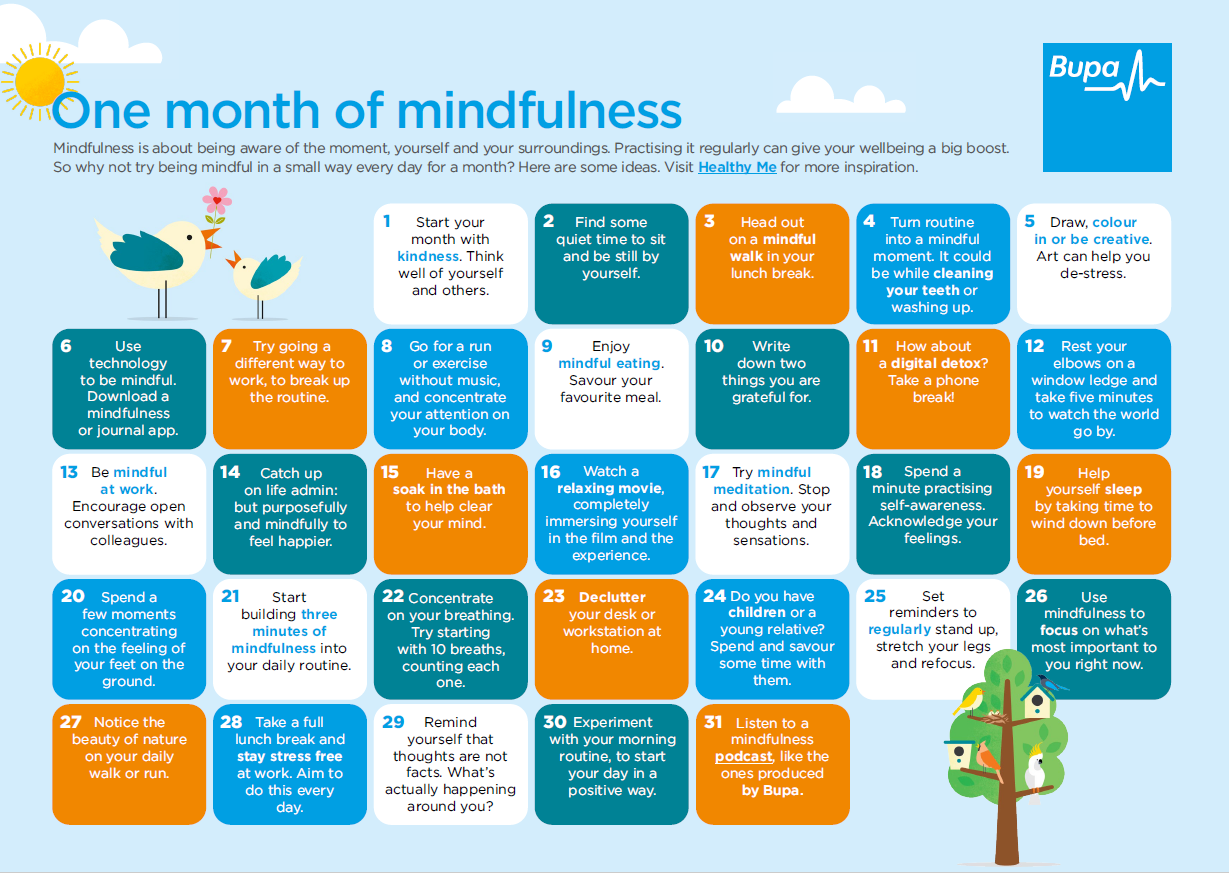 One month of mindfulness try our calendar for daily tips